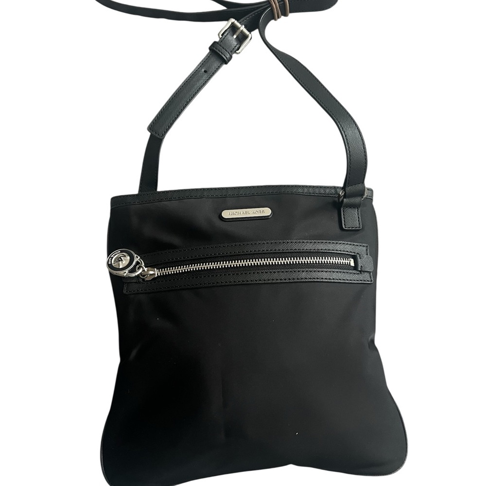 Michael Kors Black Nylon Crossbody Bag Saffiano Leather Trim Silver Hardware